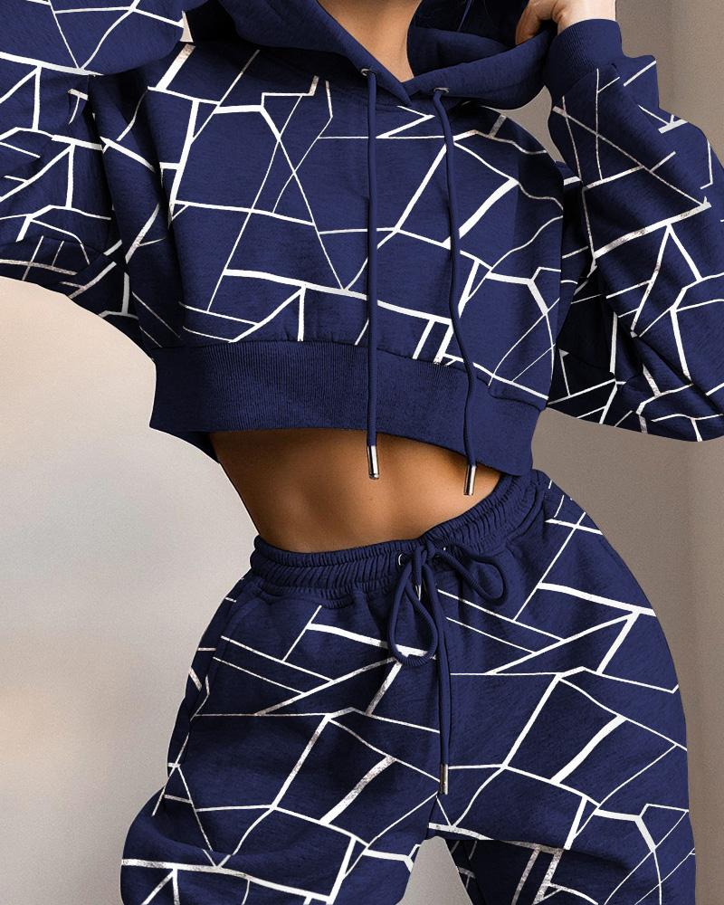 

Print Hooded Drawstring Top & Pants Set, Purplish blue