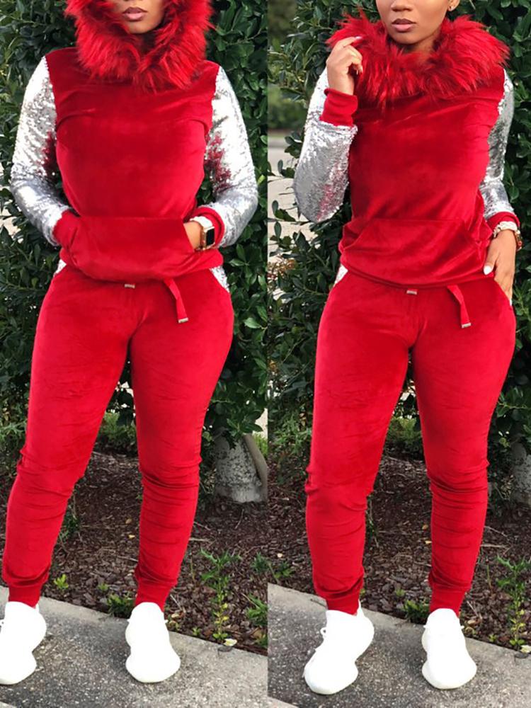 

Fluffy Hooded Sequin Insert Sweatshirt & Pant Sets, Red