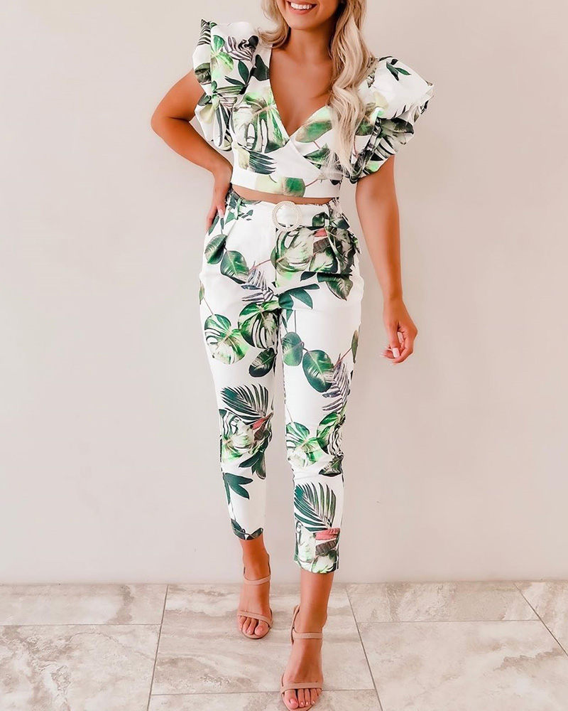 

Palm Leaf Print Puff Sleeve Top & Pants Set, Green