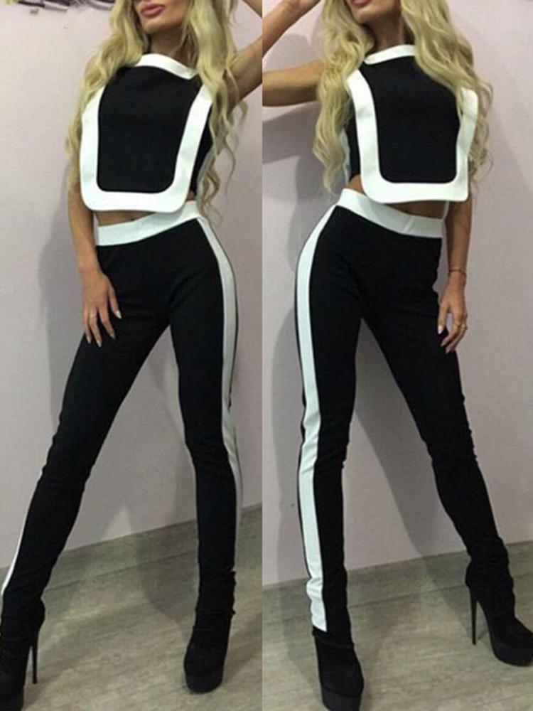 

Trendy Cropped Top High Waist Pants Twinset, Black