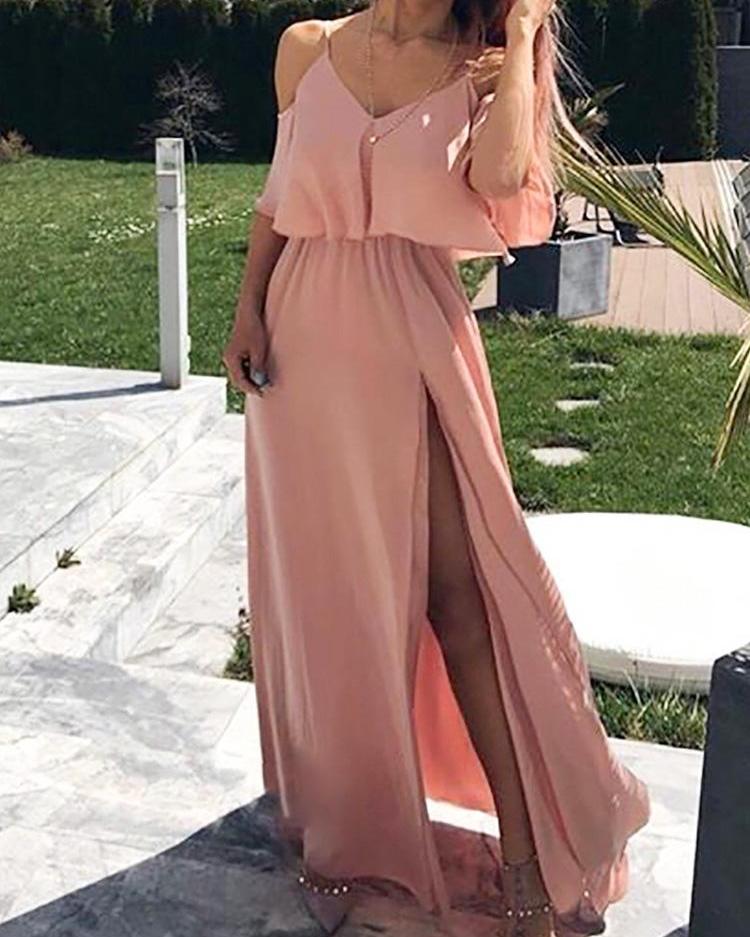 

Solid Cold Shoulder Thigh Slit Maxi Dress