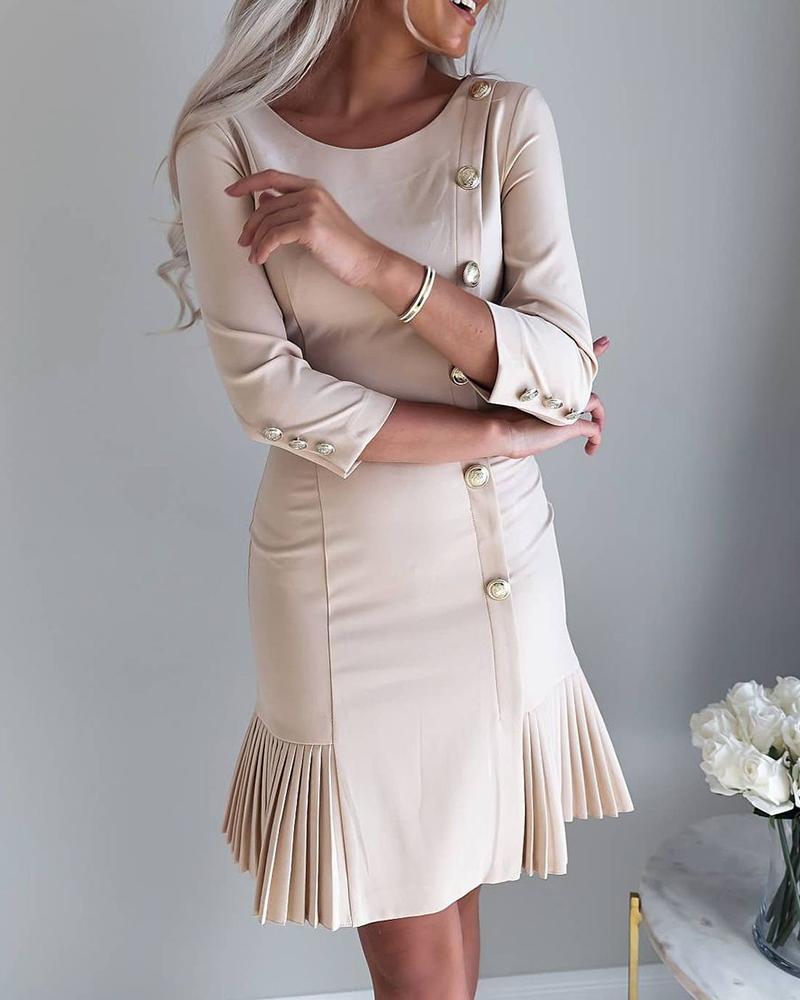 

Buttoned Long Sleeve Pleated Work Dress, Apricot