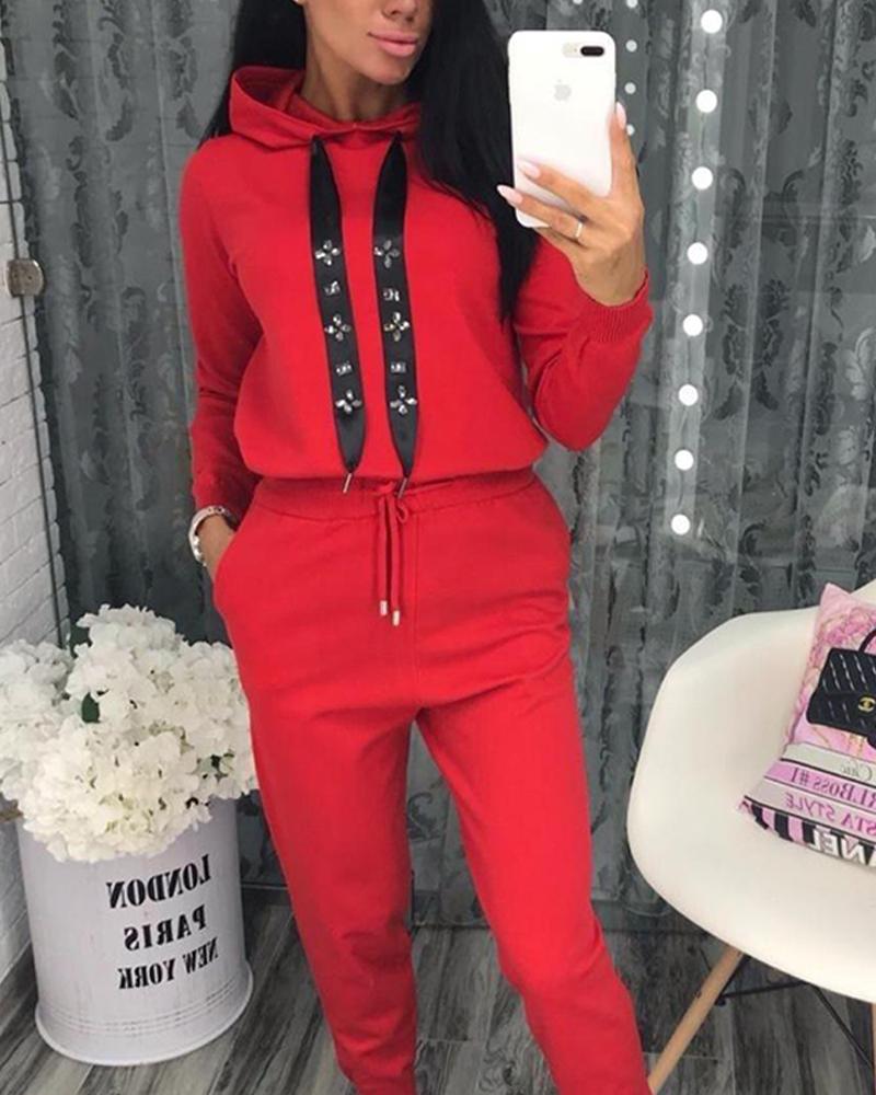

Solid Embellished Drawstring Tracksuit, Red