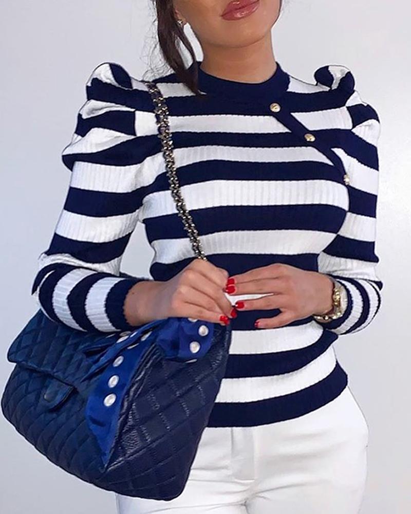 

Colorblock Striped Puff Sleeve Sweater, Black