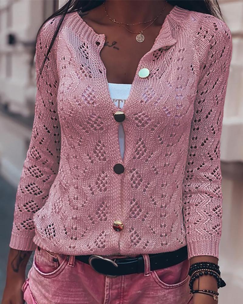 

Knitted Hollow Out Button Design Cardigan, Pink