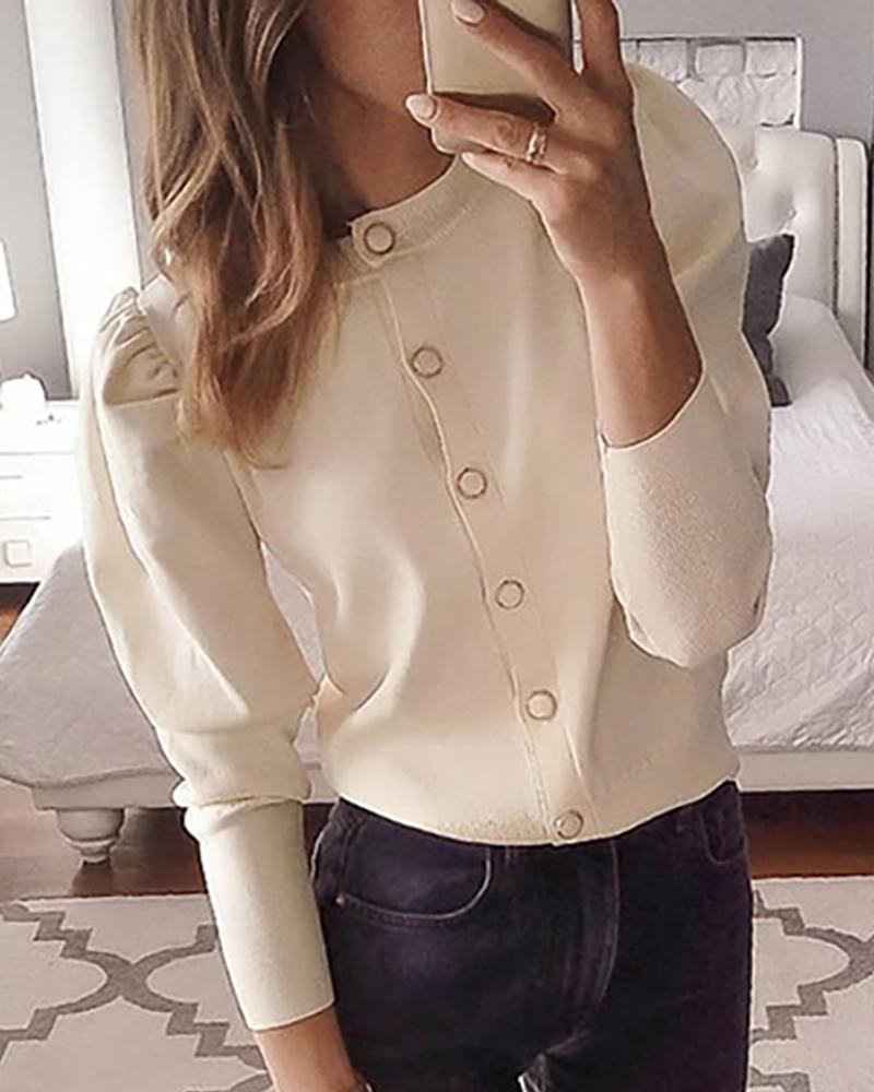 

Solid Puff Long Sleeve Buttoned Cardigan