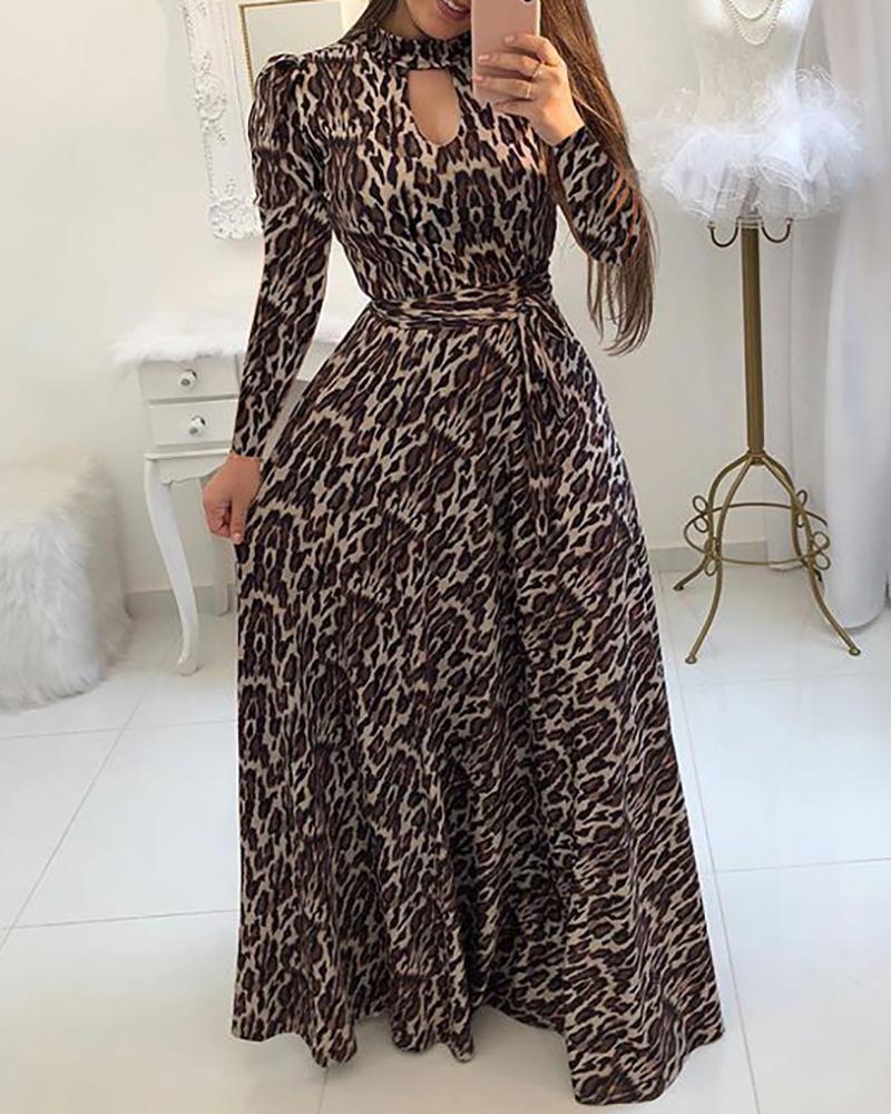 

Cutout Print Maxi Long Sleeve Dress, Leopard