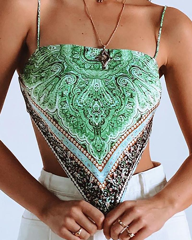 

Spaghetti Strap Print Backless Tied Detail Handkerchief Top, Green