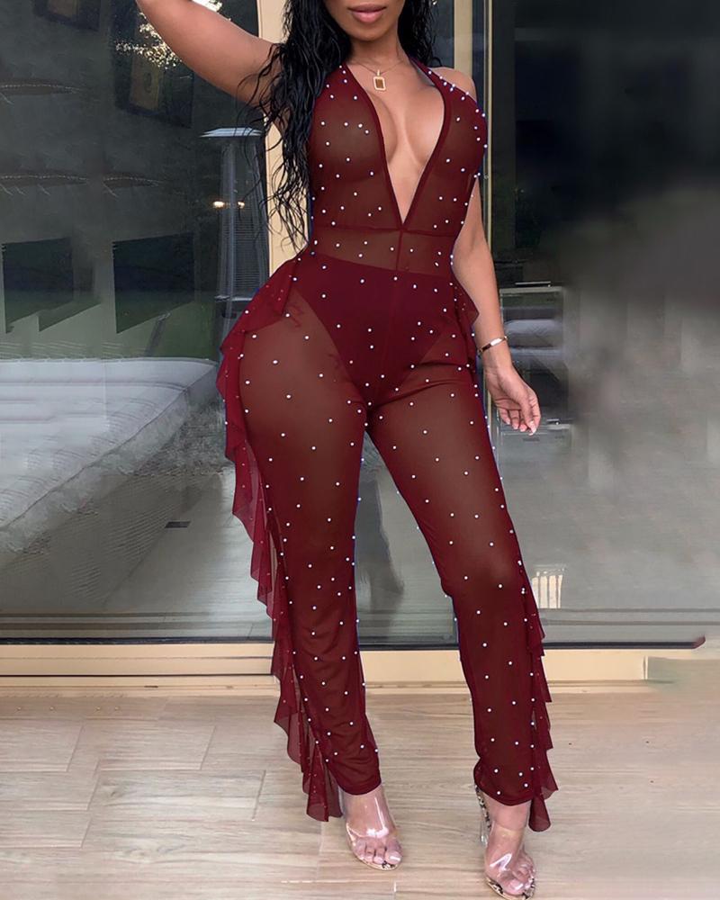 

Faux Pearl Detail Sheer Mesh Ruffle Trim Jumpsuit, Wine red