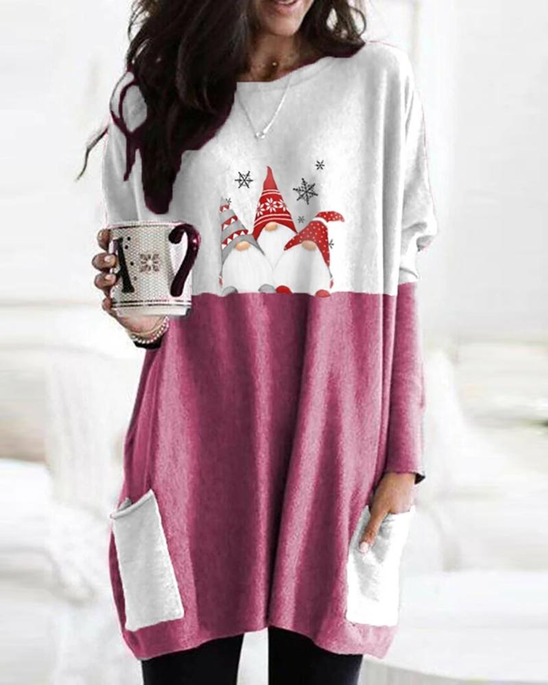 

Santa Print Colorblock Pocket Design Casual Sweatshirt, Pink