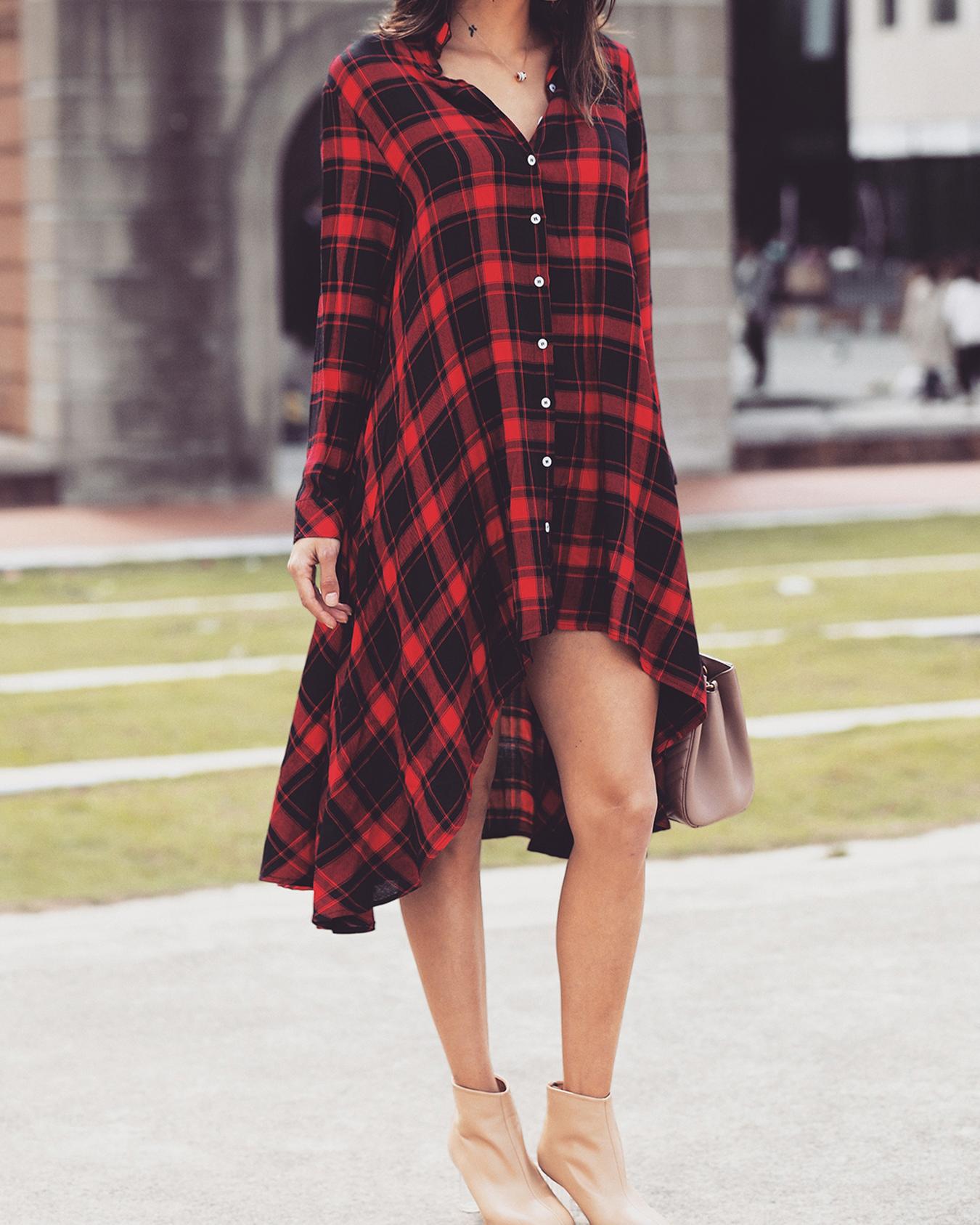 

Grid Button Through Dip Hem Shirt Dress, Red