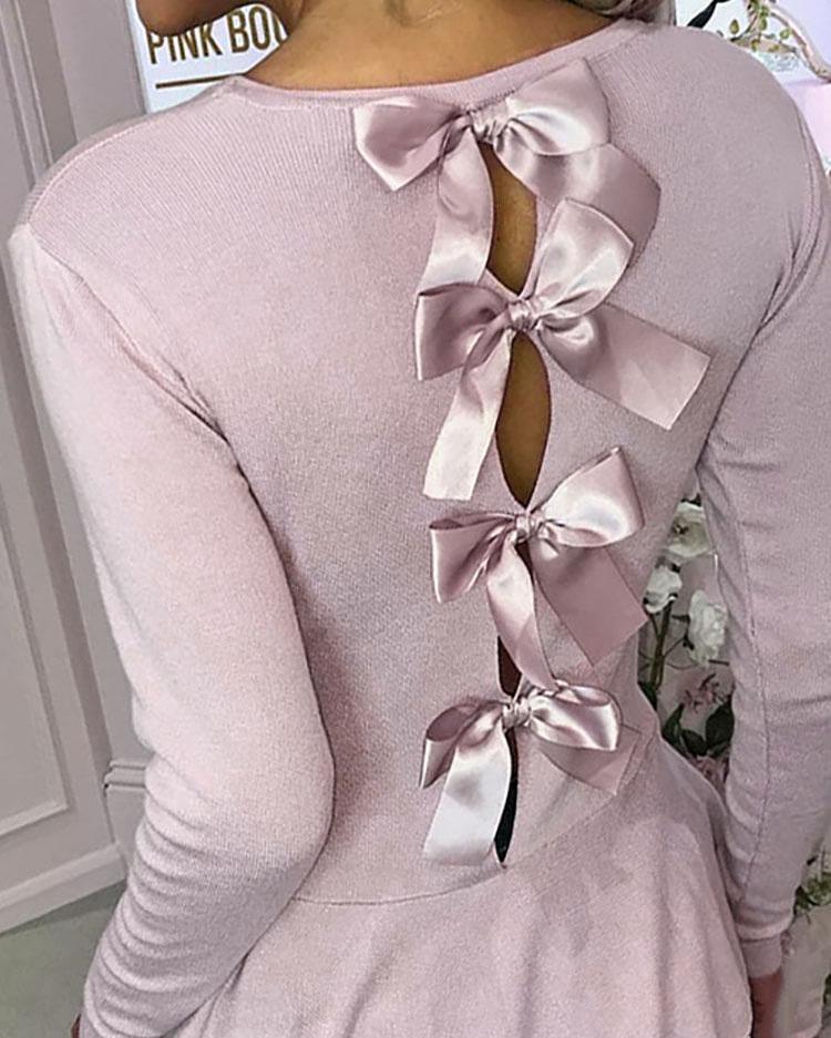 

Bowknot Back Design Flutter Hem Top, Pink