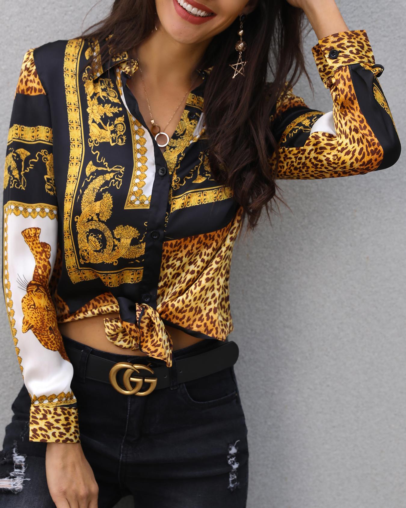 

Leopard Print Knot Front Long Sleeve Blouse, Dark yellow
