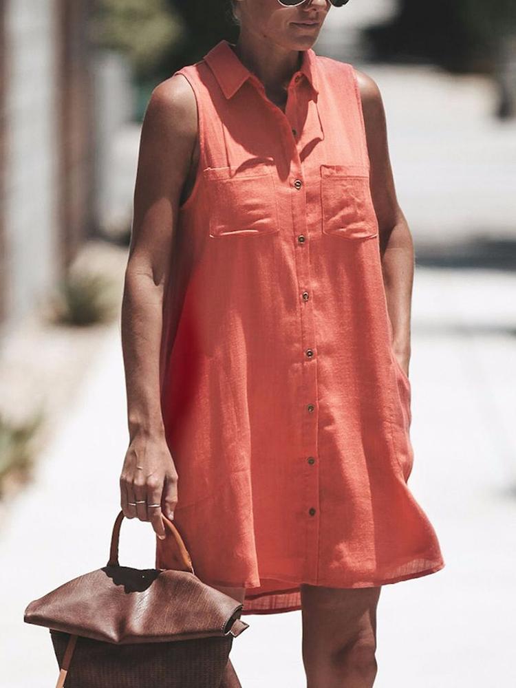

Solid Buttoned Sleeveless Casual Shirt Dress