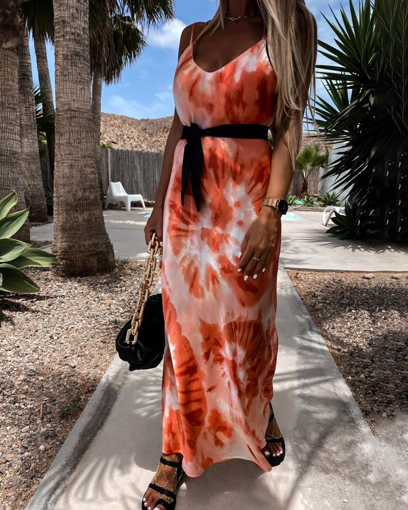 

Tie Dye Print Crisscross Backless Satin Maxi Dress, Orange