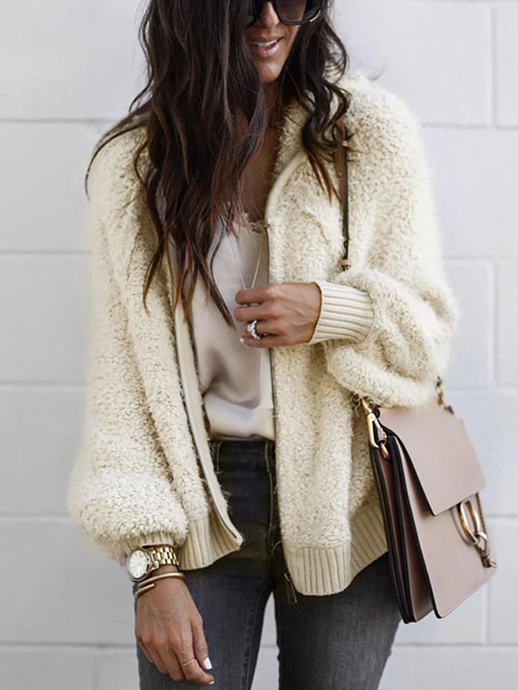 

Fluffy Zipper Up Lantern Sleeve Hooded Coat
