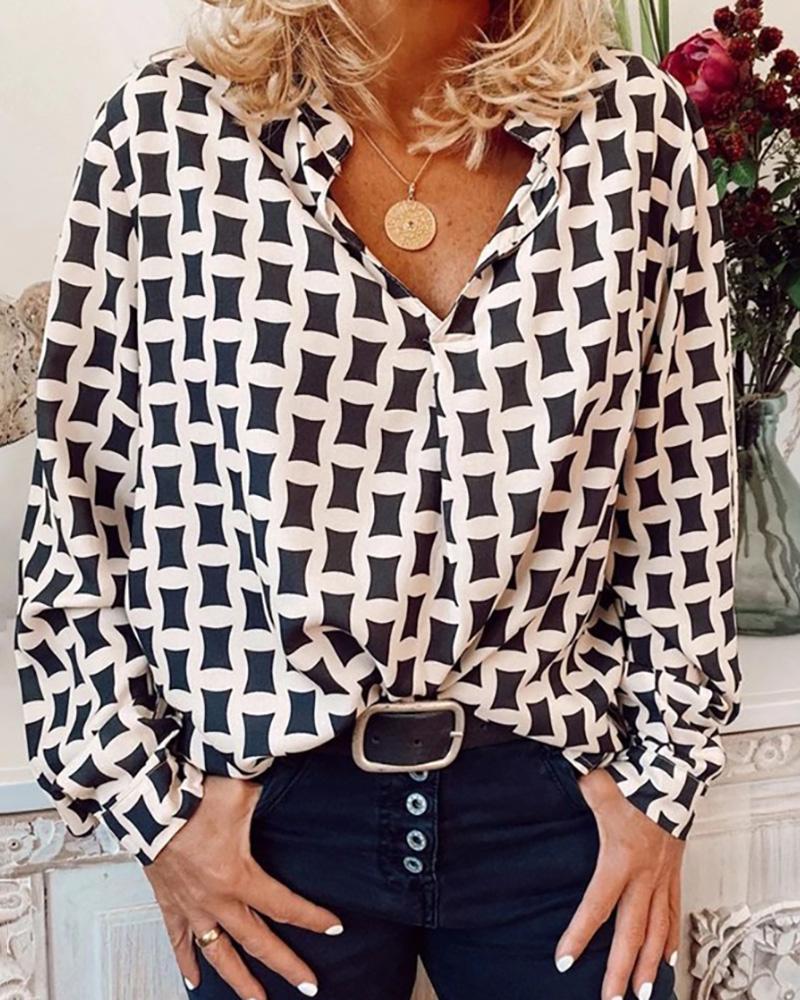 

Geo Print Long Sleeve Casual Blouse, White