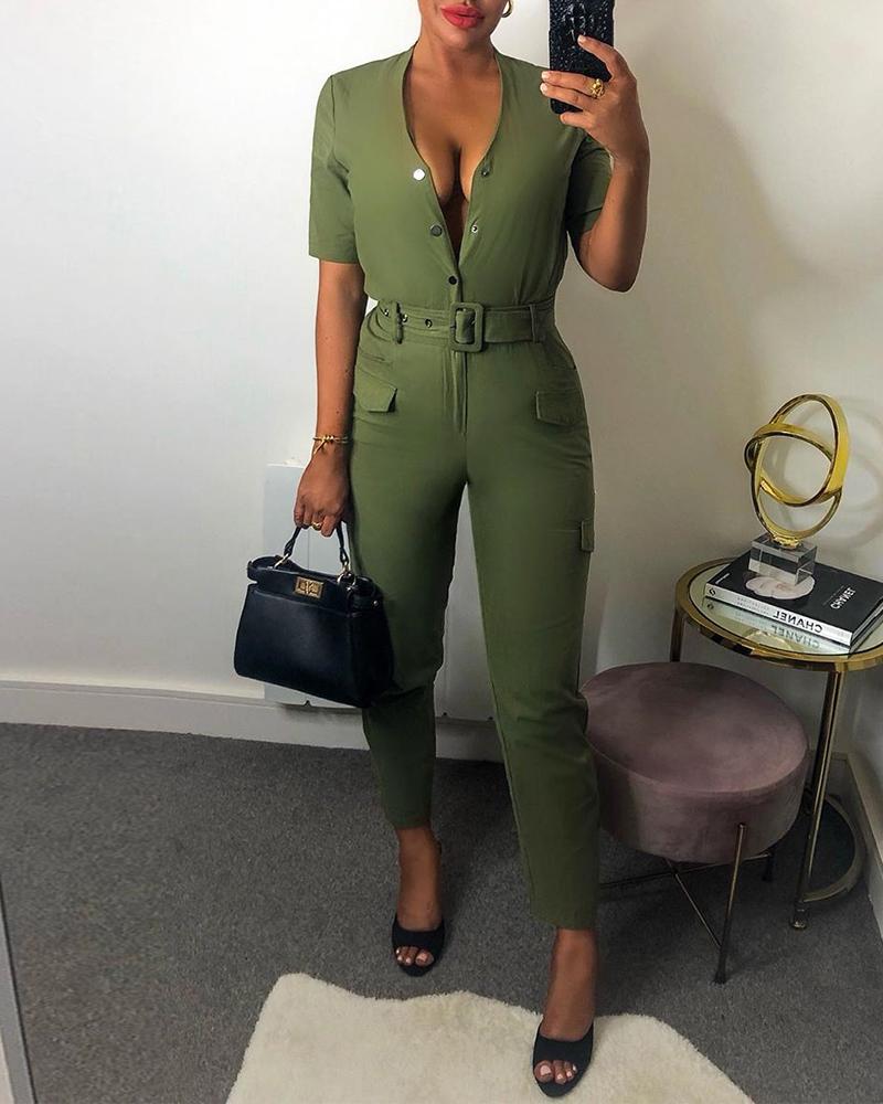 

Short Sleeves Button Down Cargo Jumpsuits