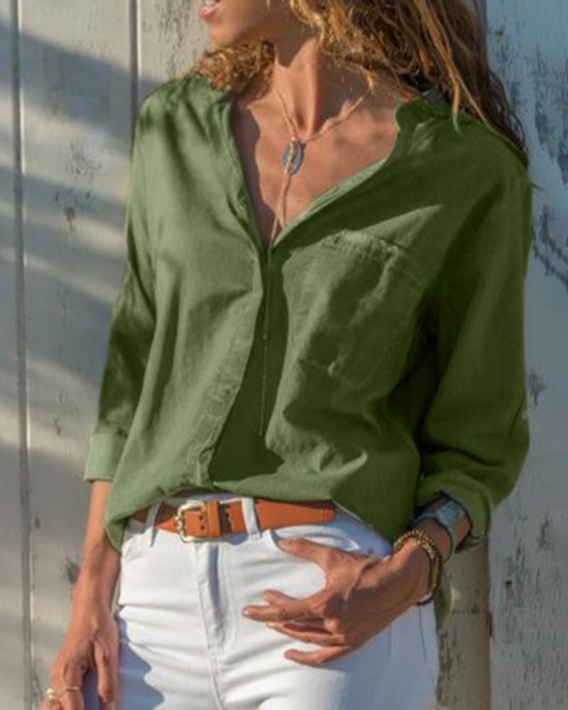 

Pocket Button Design Long Sleeve OL Shirt, Green