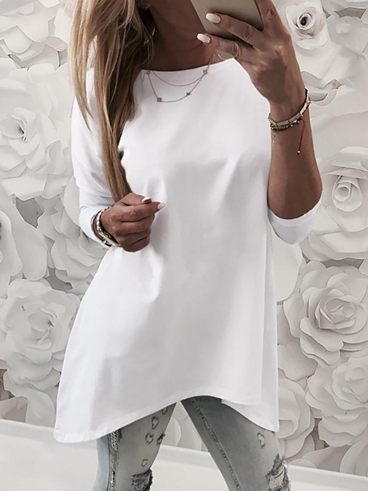 

Long Sleeve Round Neck Irregular Hem T-Shirt, White
