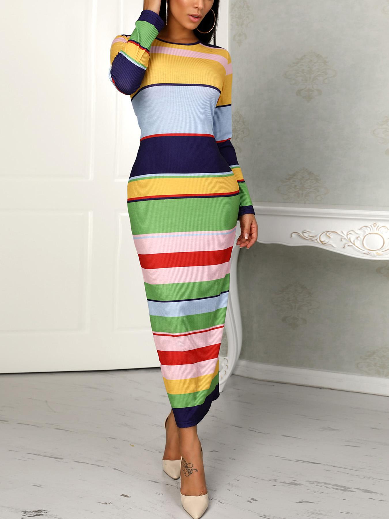 

Colorful Stripes Long Sleeve Bodycon Maxi Dress