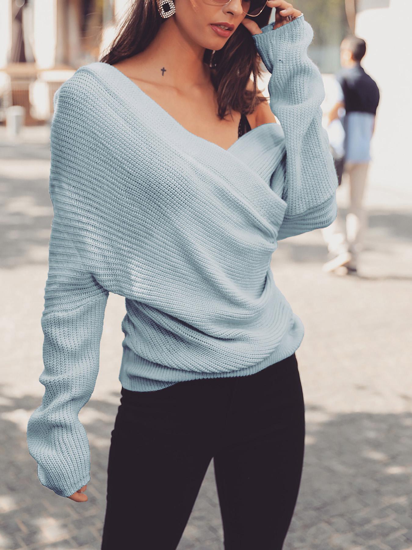 

Solid V-Neck Wrap Casual Sweater