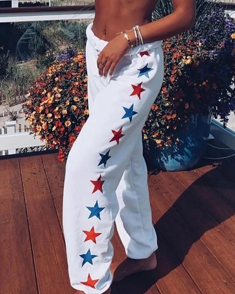 

Stars Print Casual Long Pants, White