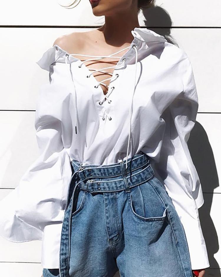 

Lace-Up Eyelet Flounced Sleeve Blouse, White