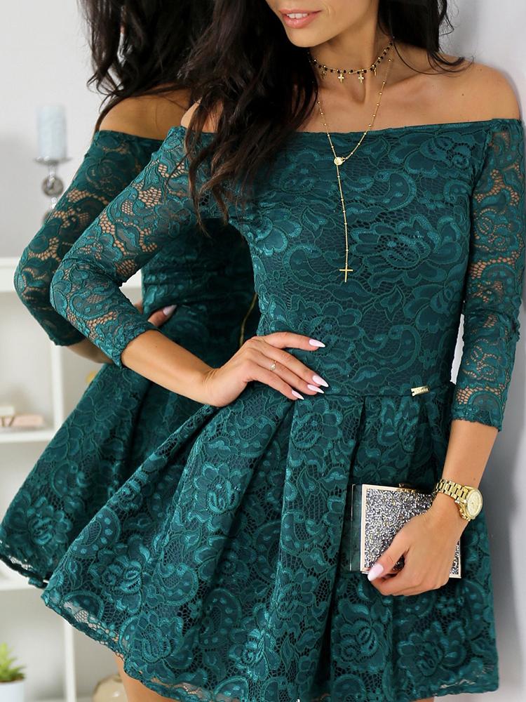 

Off Shoulder Pleated Lace Dress, Green