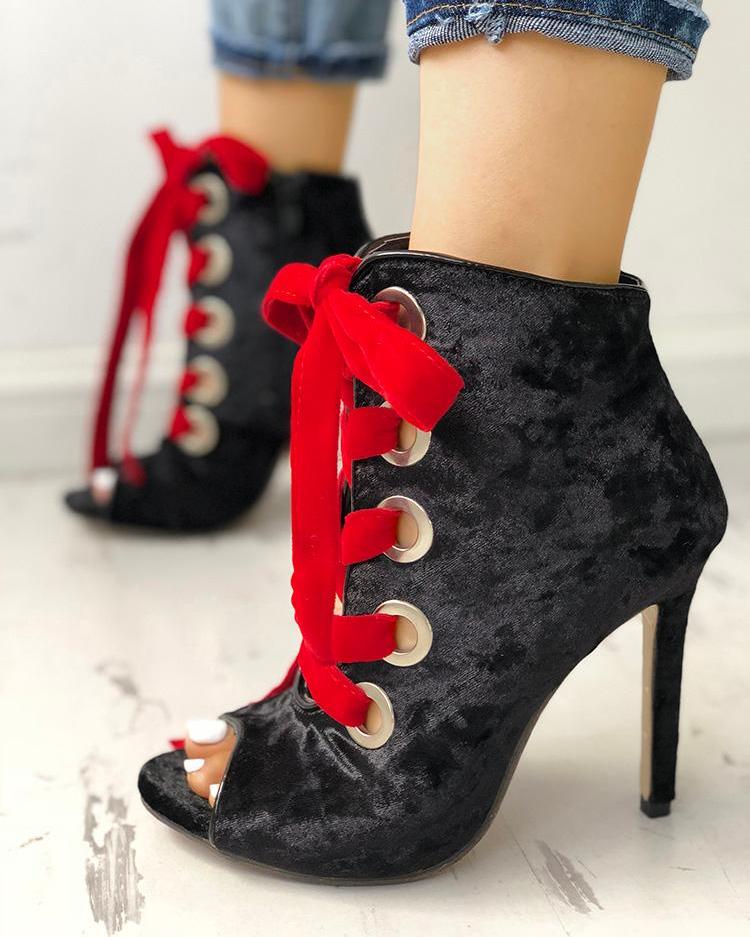 

Velvet Eyelet Lace Up Peep-toe Thin Heels, Black
