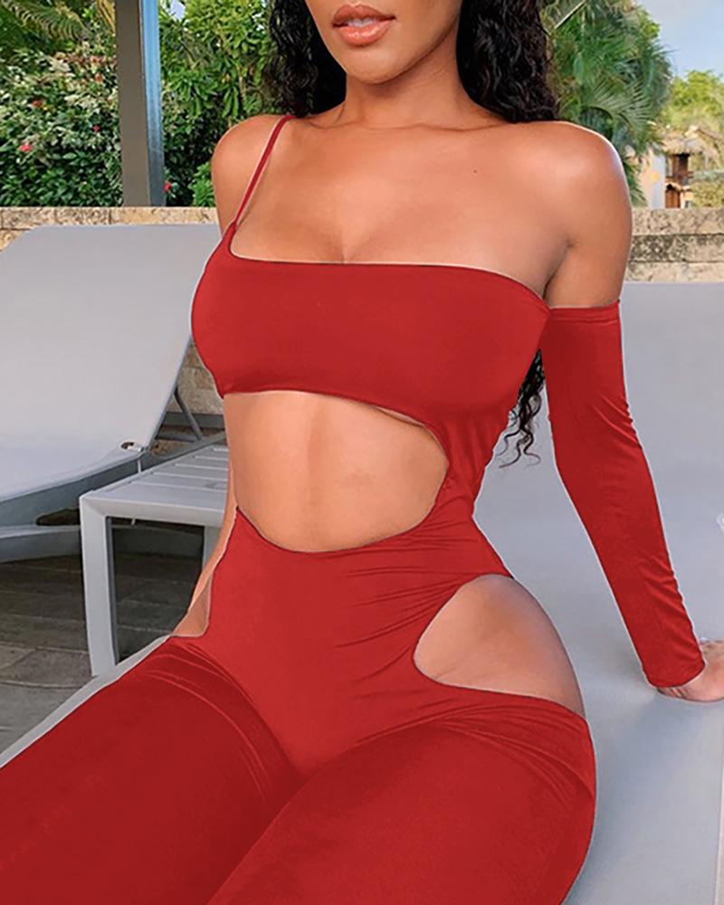 

One Shoulder Cutout Spaghetti Strap Jumpsuit, Red