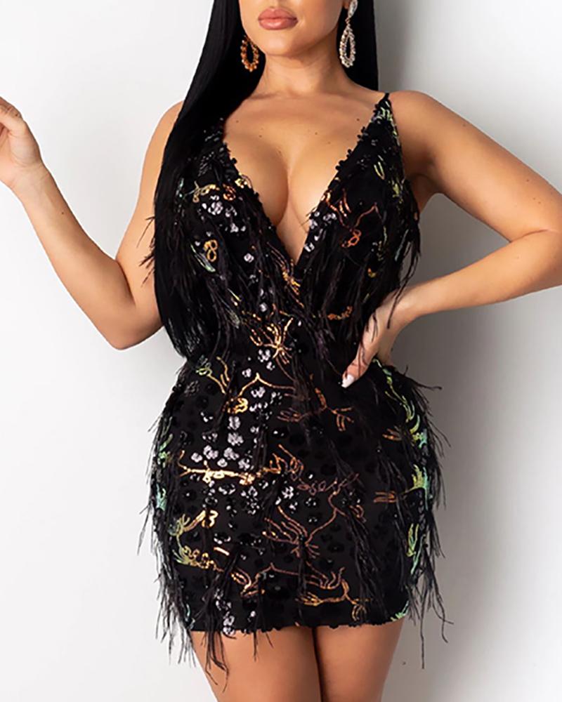 

Deep V-Neck Feather Desgin Sequin Dress, Black