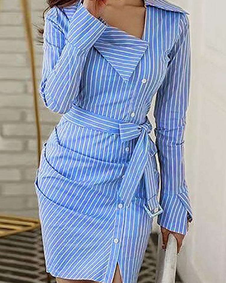 

Pinstripes Ruched Irregular Belted Shirt Dress, Sky blue