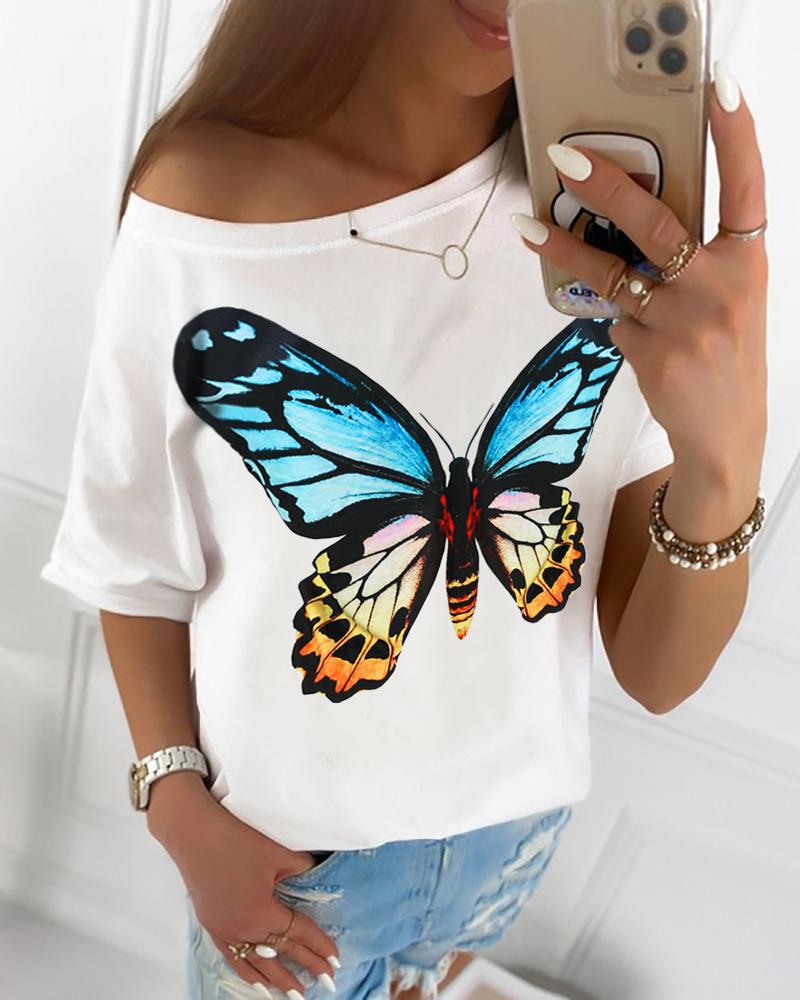 

Butterfly Print Short Sleeve T-shirt, White