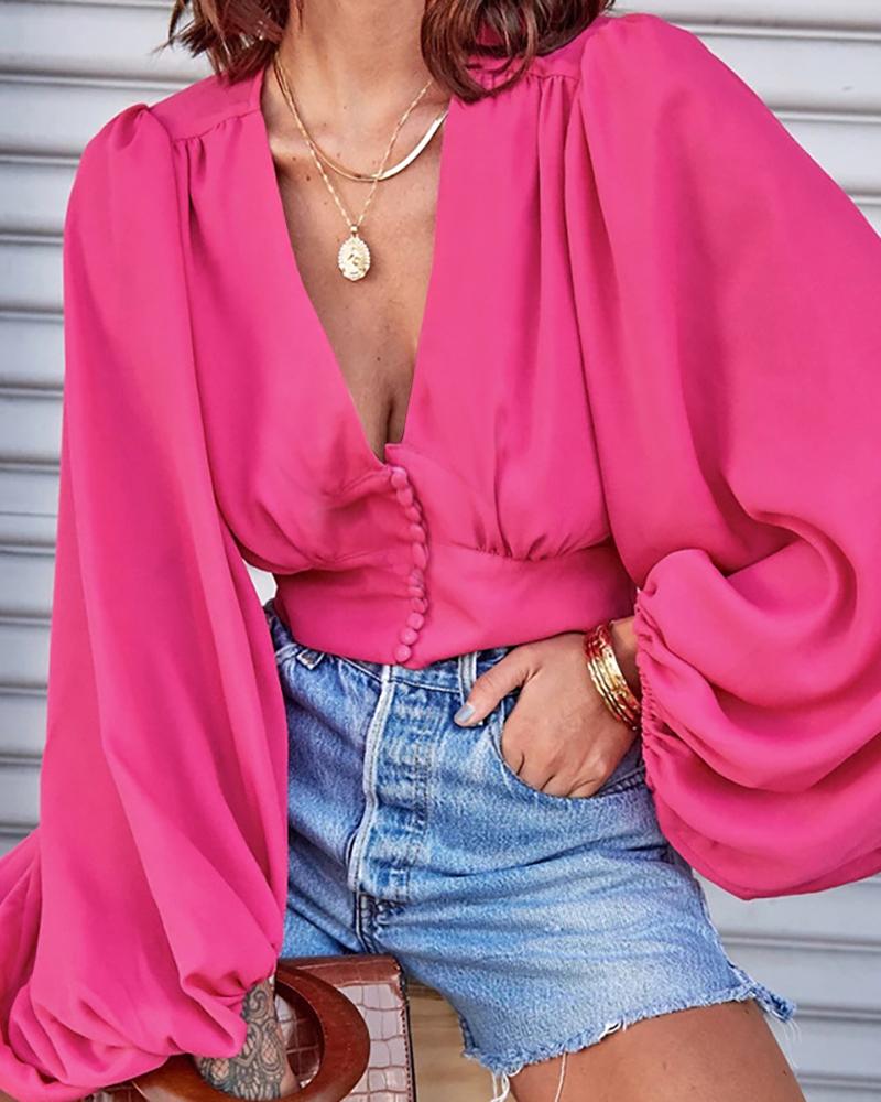 

Solid Long Sleeve Buttoned Blouse, Hot pink