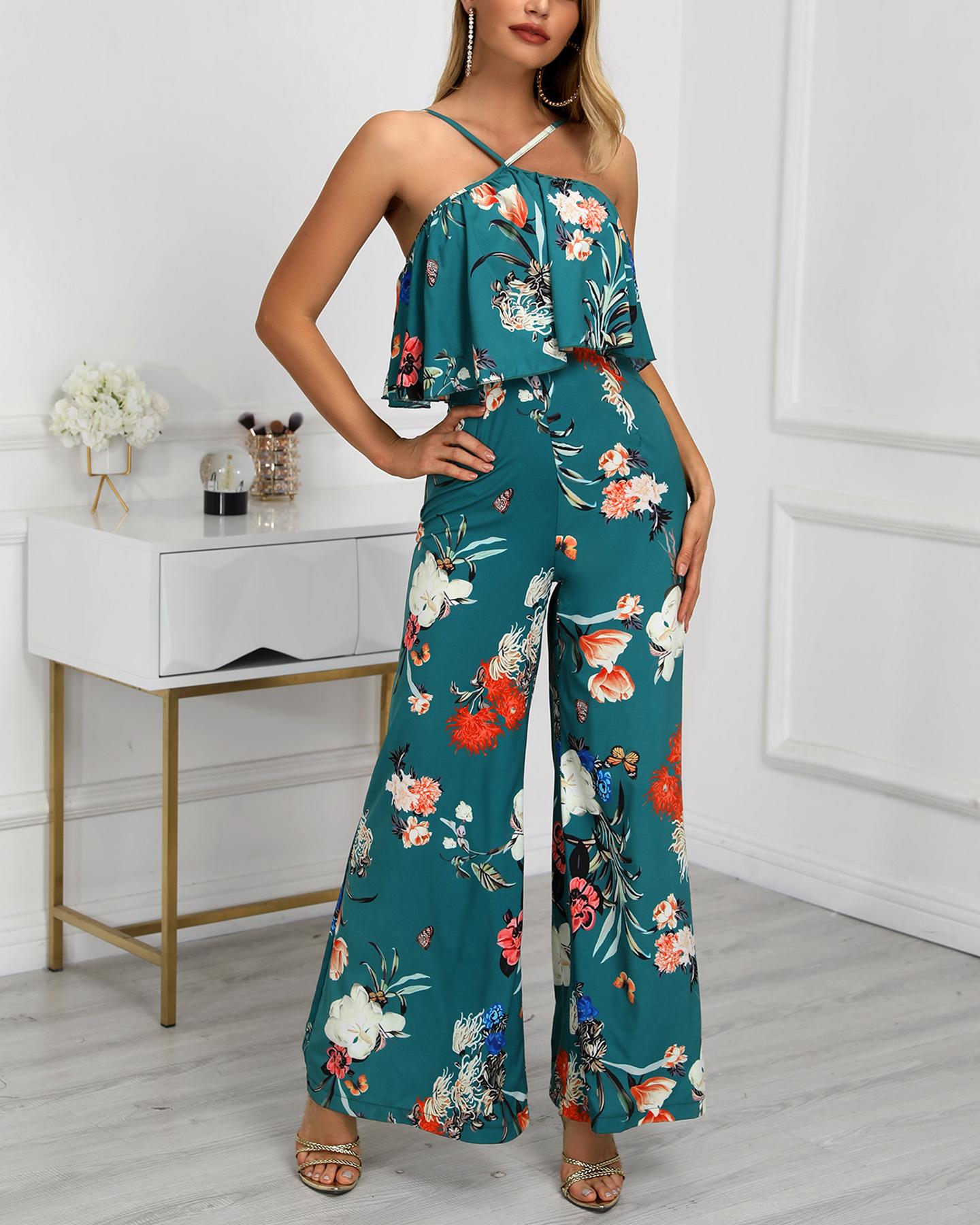

Tropical Print Ruffles Wide Leg Jumpsuit, Multicolor