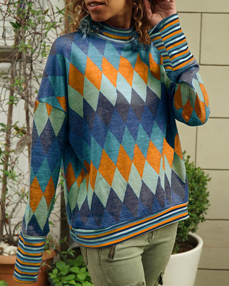 

Geo Clolrblock Print Casual Sweatshirt, Orange