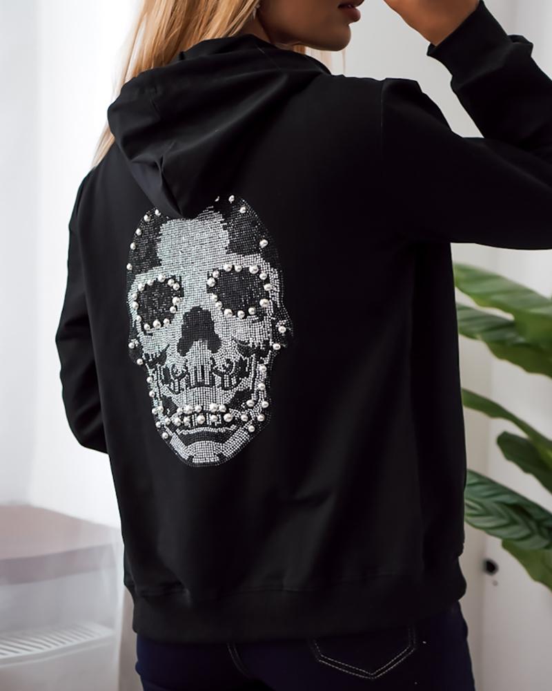 

Beaded Skull Pattern Zipper Design Hoodie, Black