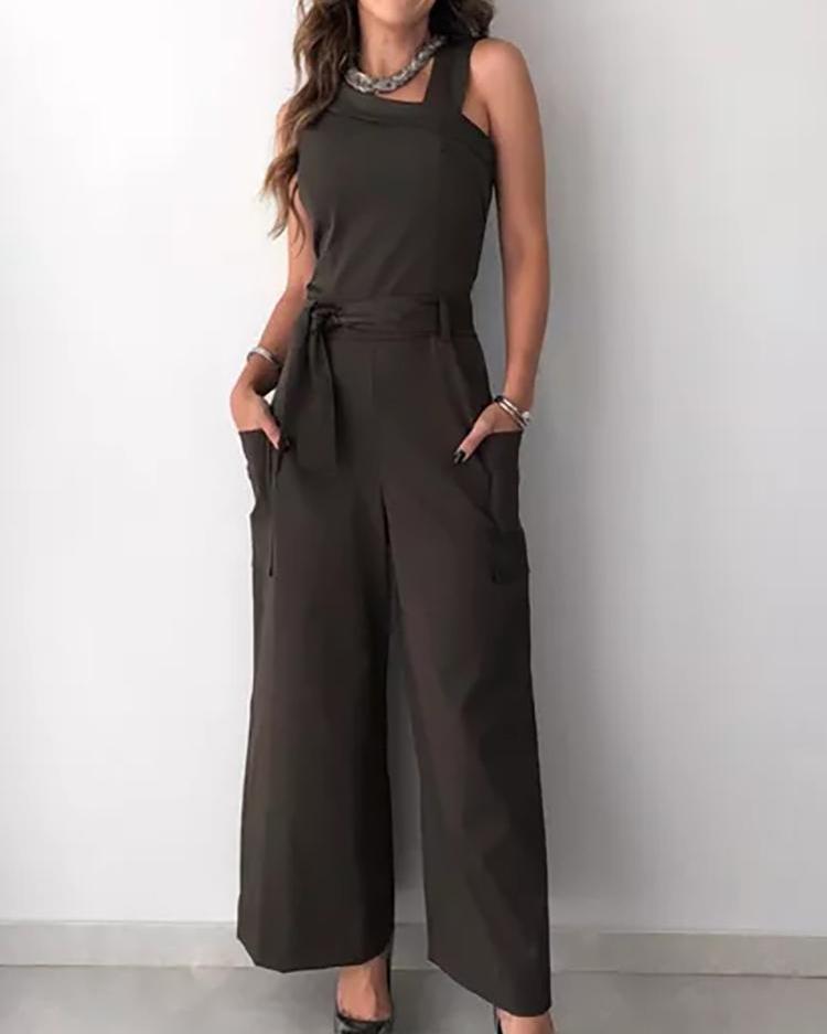 

Solid Pocket Design Self Belted Jumpsuit, Coffee