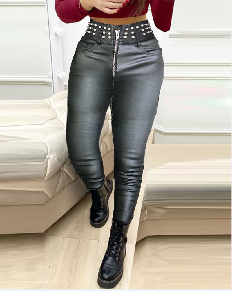 

Rivet Zipper Design PU Leather Pants, Black