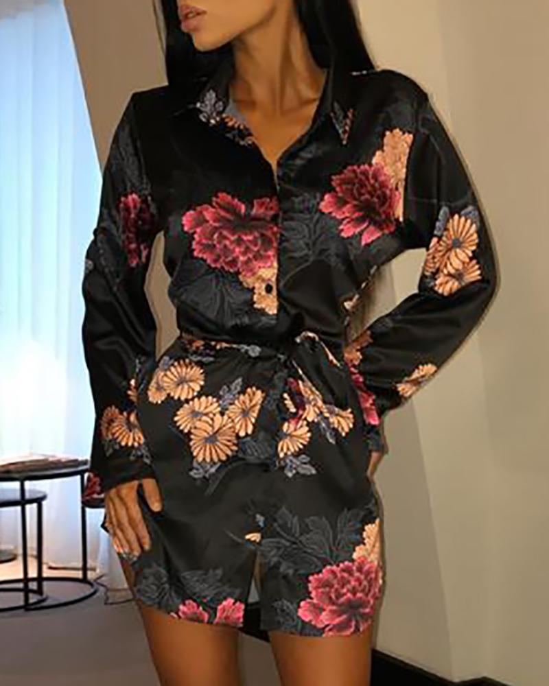 

Floral Print Tied Shirt Dress, Black