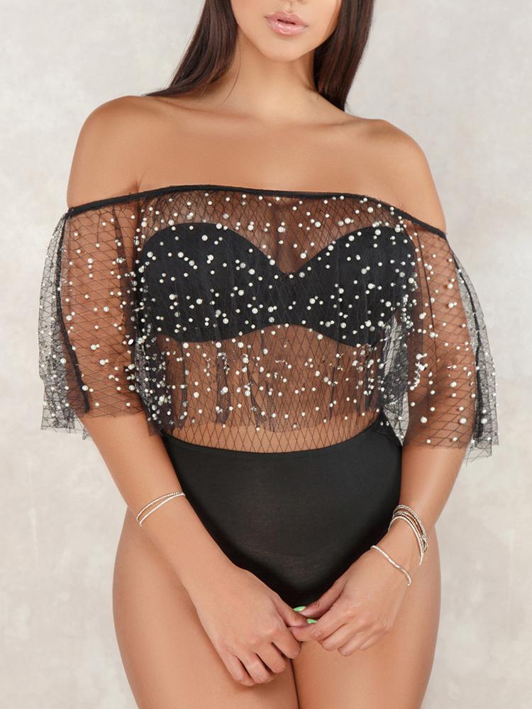 

Beaded Embellished Off Shoulder Mesh Splicing Bodysuit