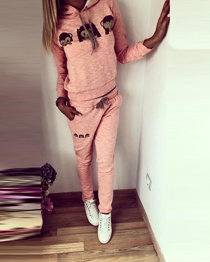 

Monkey Print Hooded Pullover Tracksuit, Pink