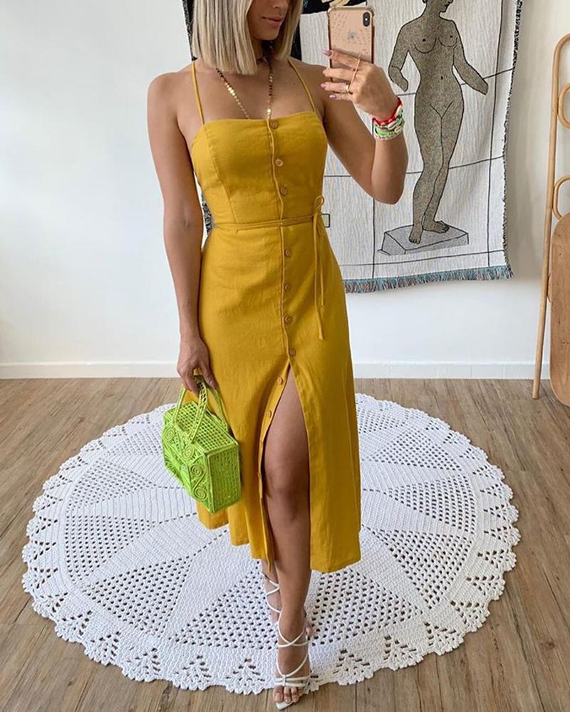 

Spaghetti Strap Buttoned Slit Casual Dress