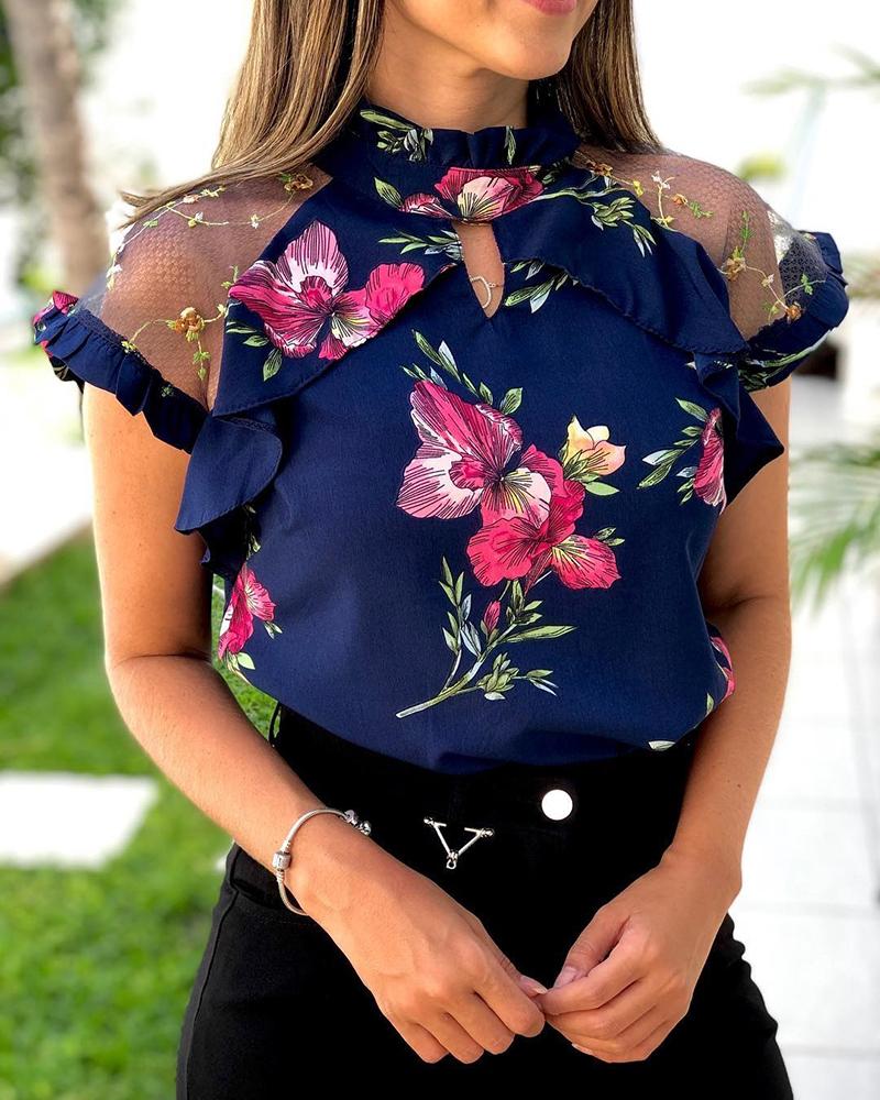 

Floral Cut Out Detail Mesh Blouse, Purplish blue