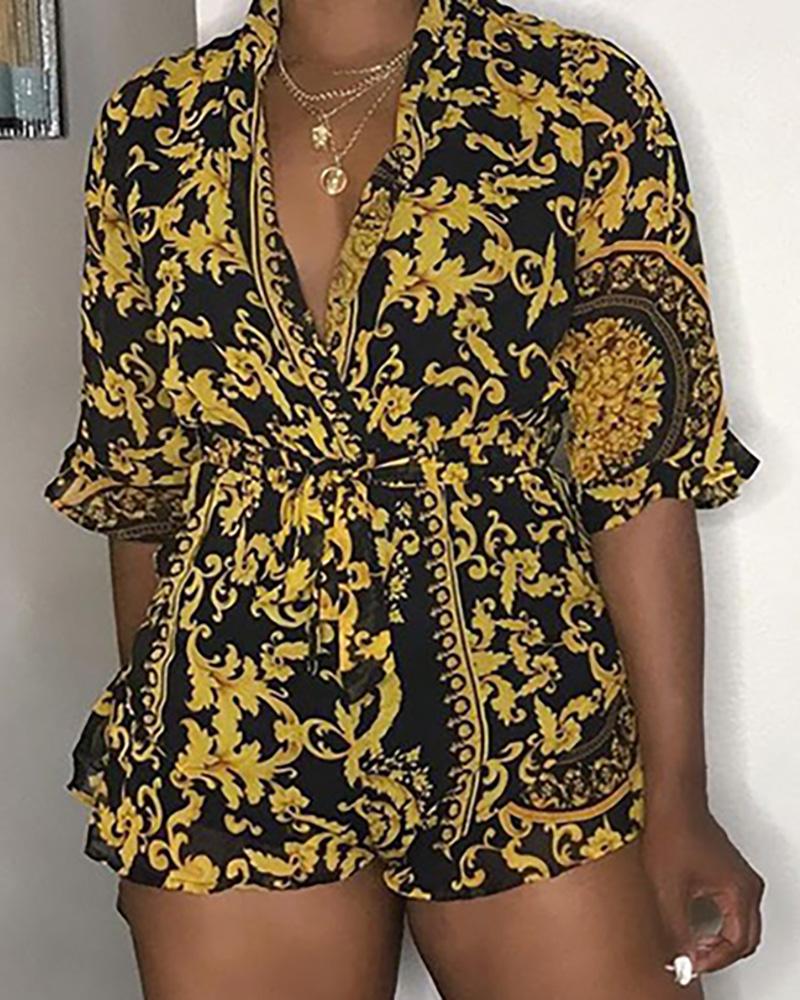 

Baroque Print Short Sleeve Casual Romper, Black