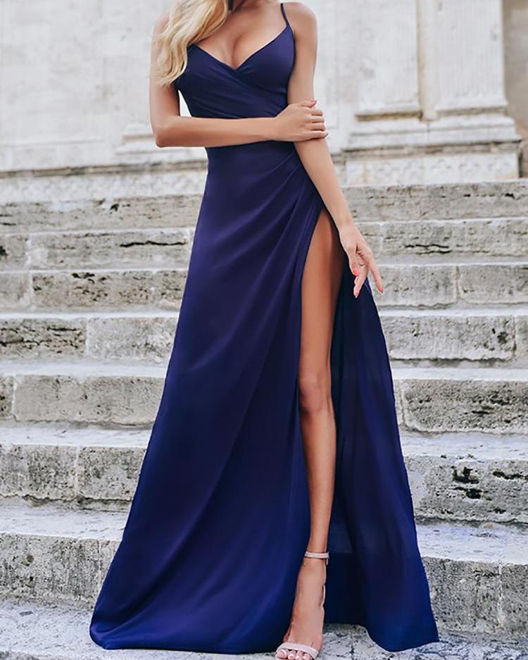 

Spaghetti Strap Ruched Thigh Slit Evening Dress, Purplish blue