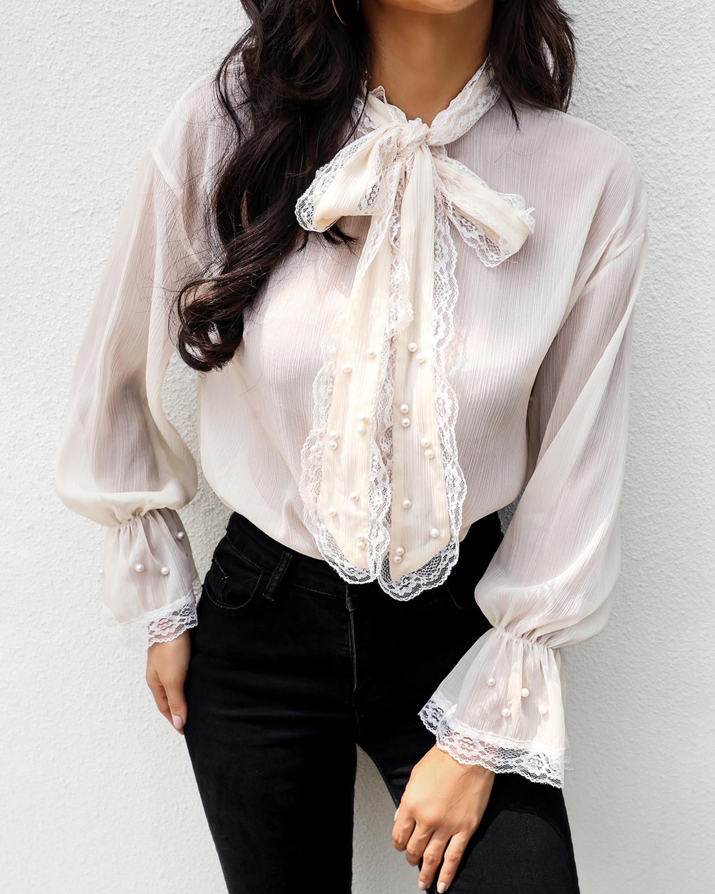 

Beaded Lace Trim Tied Neck Blouse, Apricot