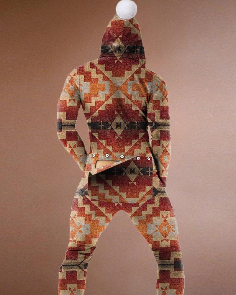 

Retro Print Long Sleeve Hooded Jumpsuit, Orange