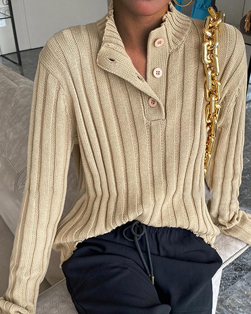 

Plain Long Sleeve Buttoned Sweater, Khaki
